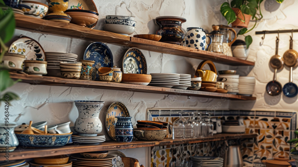 Fototapeta premium a bohemian-inspired kitchen with open shelving and unique ceramic dishes