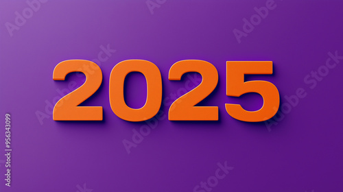 Bright orange 2025 numbers on a purple background with copy space, new year 2025 concept