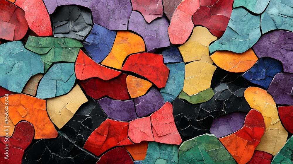 13. A mosaic of interlocking paper shapes with varying depths and textures creating depth 13. A mosaic of interlocking paper shapes with varying depths and textures creating depth