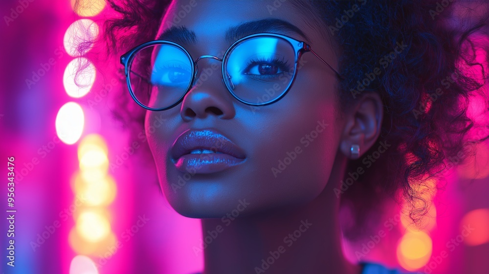 Stylish Young Woman with Glasses Posing Against a Vibrant Neon Background, Expressing Confidence and Modern Fashion Stylish Young Woman with Glasses Posing Against a Vibrant Neon Background, Expressing Confidence and Modern Fashion