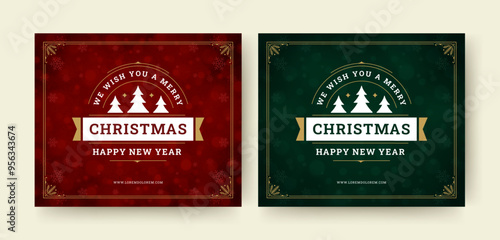 Merry Christmas best wishes retro social media post design template set vector illustration. Happy winter holiday New Year congratulations vintage festive greeting card with spruce and ribbon