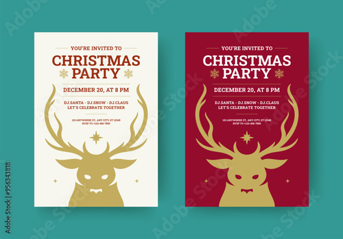 Christmas party invitation retro flyer with deer design template set vector flat illustration. Xmas New Year celebration musical event luxury vintage promo poster with snowflake and horned animal