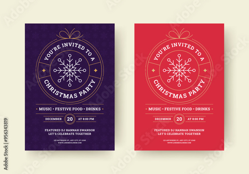 Christmas night party event announce retro flyer design template set vector flat illustration. Xmas New Year music festival advertising poster with ball toy snowflakes and line decorative elements