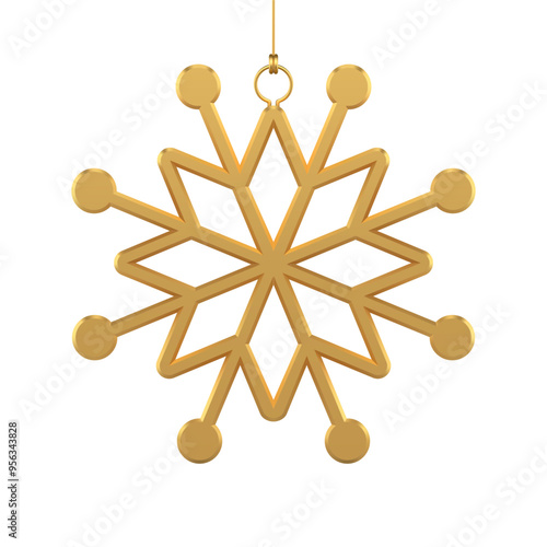 Golden snowflake hanged Christmas luxury toy festive decoration 3d icon realistic vector illustration. Xmas New Year winter holiday premium metallic ornamental ice crystal snow flake for spruce