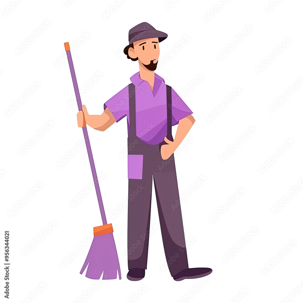 An illustration of a street cleaner, holding a broom