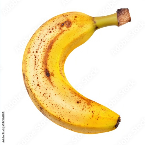 A ripe yellow banana with brown spots on its skin, isolated on a white background.