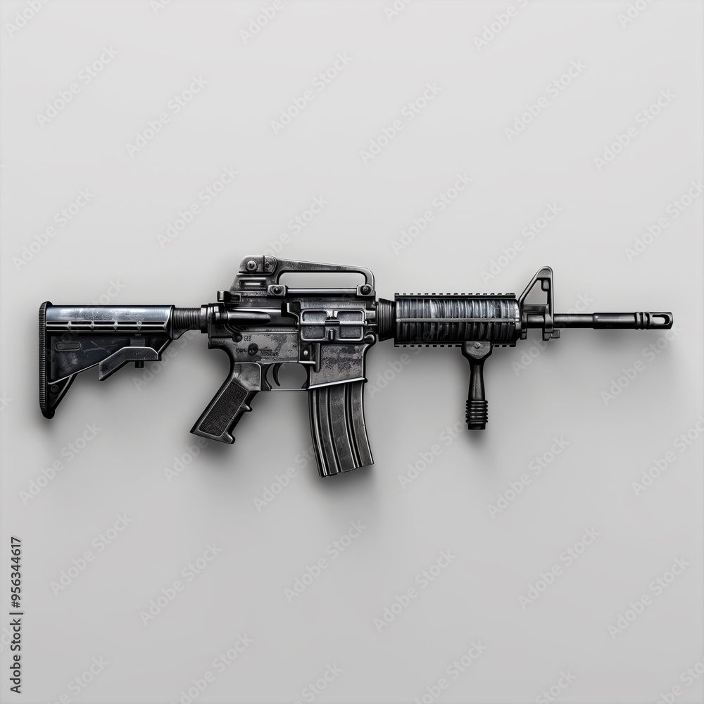 High-detail black assault rifle on grey background. High-detail black assault rifle on grey background.