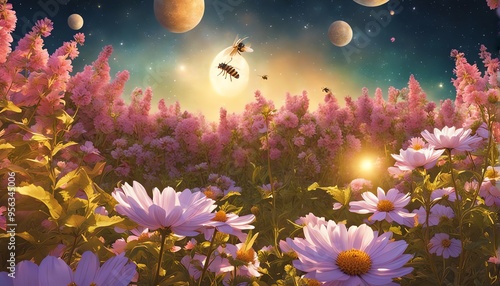 A captivating image where a beautiful garden becomes an integral part of the universe, showcasing planetary pastel blossoms and bees 