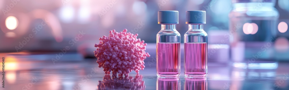 Science Vials and Cancer Cell Model on Reflective Lab Surface Science Vials and Cancer Cell Model on Reflective Lab Surface