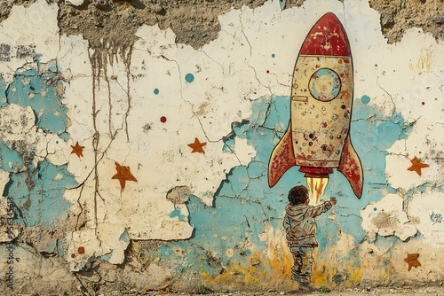 Child with rocket drawing on grungy wall