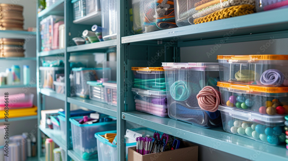 Medium close-up of a craft room with supplies stored in clear bins, organized by color and type, on shelves. Medium close-up of a craft room with supplies stored in clear bins, organized by color and type, on shelves.