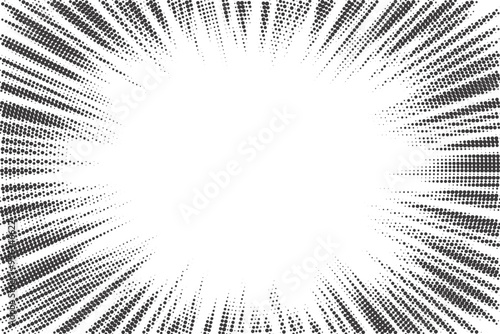 Speed lines effect for comics and manga books. Vector fast motion abstract graphic element. Halftone striped radial explosion isolated on white bg. Monochrome explosion frame.
