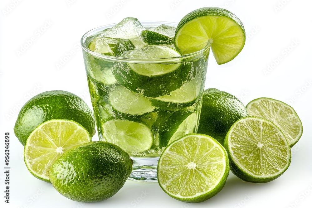 Refreshing Cold Cocktail with Lime, Ice Cubes, and Green Leaves on a White Background. Summer Drink Refreshing Cold Cocktail with Lime, Ice Cubes, and Green Leaves on a White Background. Summer Drink