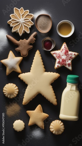 Star-shaped cookies with toppings jar of milk and icing container on a neutral background. photo