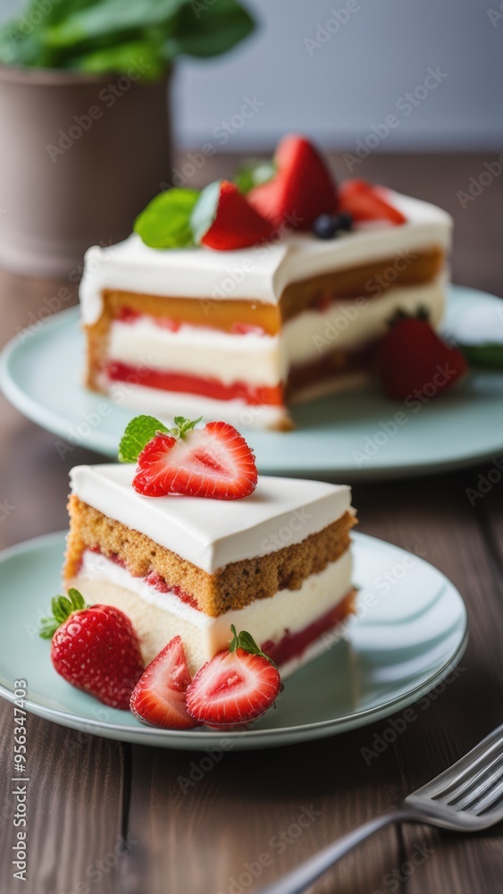 Two slices of layered cake on small plates topped with white frosting raspberry filling fresh strawberries and a sprig of mint. Two slices of layered cake on small plates topped with white frosting raspberry filling fresh strawberries and a sprig of mint.