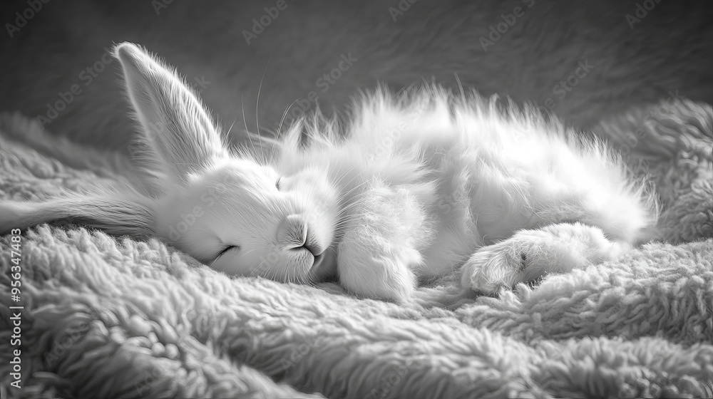 Soft white rabbit sleeping peacefully on a fluffy blanket indoors Soft white rabbit sleeping peacefully on a fluffy blanket indoors