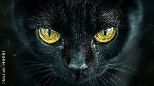 A close-up of a black cat with striking golden eyes in low light conditions