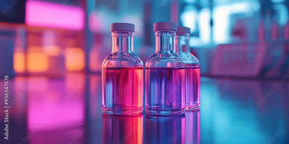 Science Vials and Cancer Cell Model on Reflective Lab Surface Science Vials and Cancer Cell Model on Reflective Lab Surface