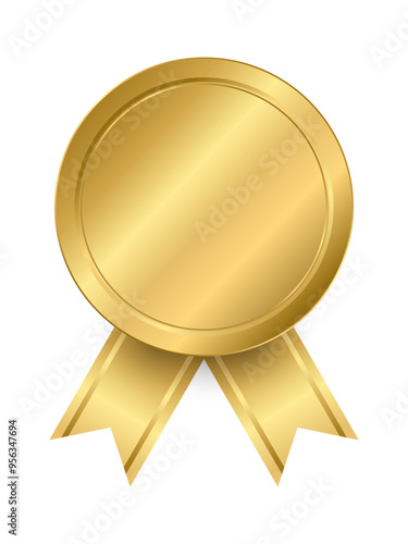 Realistic Gold medal with Ribbon shiny satin, round circle golden coin award vector illustration. 3d golden winner badge, medallion for champion, shiny trophy prize design of circle shape collection