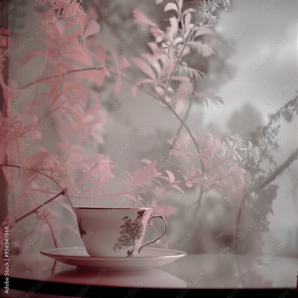 A cup of tea sitting on a table surrounded by pink branches A cup of tea sitting on a table surrounded by pink branches