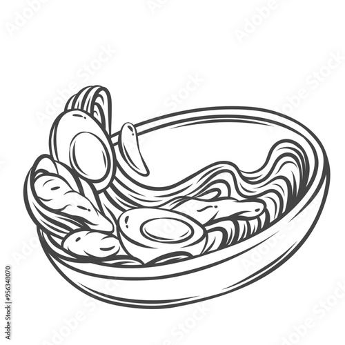 Flying bowl of Asian chicken noodles line icon. Outline hot meat and half eggs, delicious noodles splash in cup. Asian food mascot, hand drawn dish of Asian restaurant menu icon vector illustration