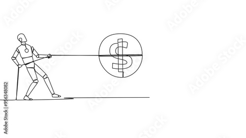 Animated self drawing of single one line drawing two robots fighting over a coin with a dollar symbol. Competition for the highest payout for the smartest robots. Technology. Full length animation