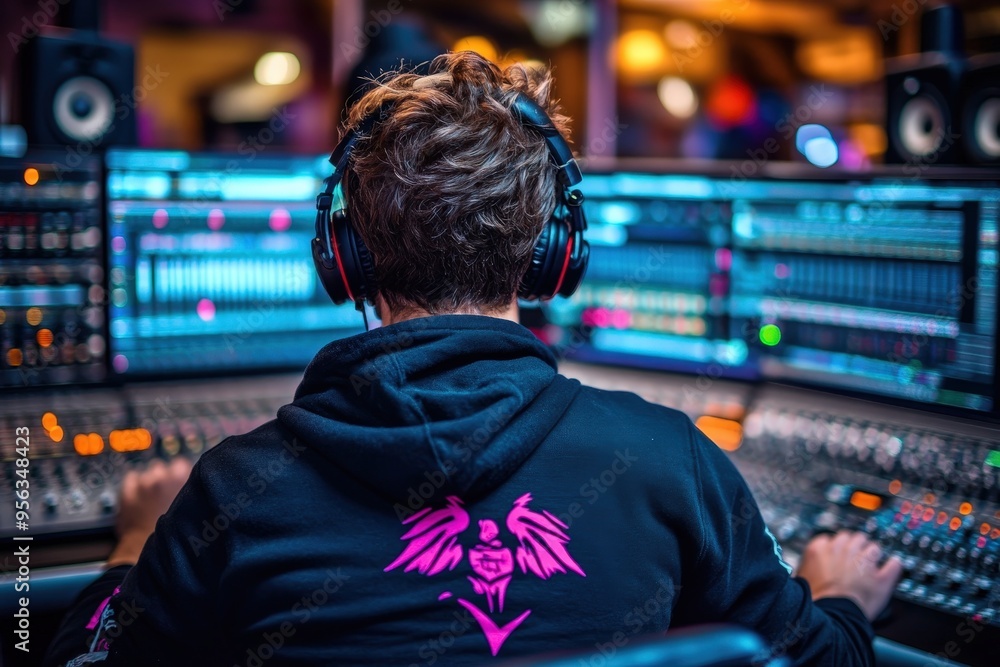This image portrays an audio engineer immersed in his work at a mixing console adorned with multiple monitors and intricate sound settings in a professional recording studio, symbolizing creativity a This image portrays an audio engineer immersed in his work at a mixing console adorned with multiple monitors and intricate sound settings in a professional recording studio, symbolizing creativity a