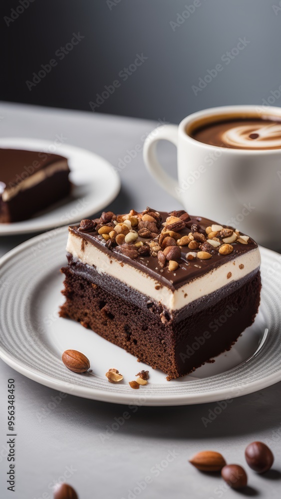 Rich chocolate cake with vanilla ice cream nuts and coffee cup in background. Rich chocolate cake with vanilla ice cream nuts and coffee cup in background.