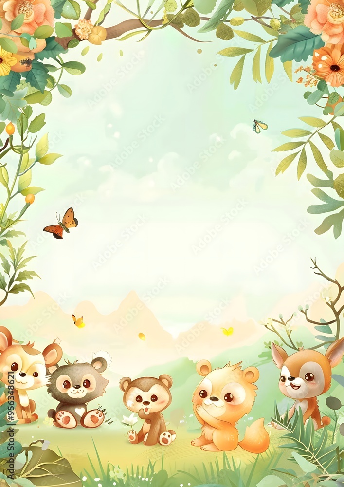 Naklejka premium Cute cartoon animals with floral border. Template for quotes, and greetings cards