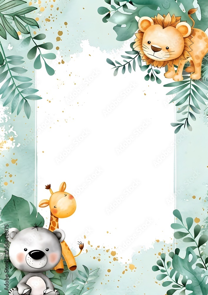 Watercolor illustration of cute animals with green leaves and gold splatter. Template for quotes, and greetings cards