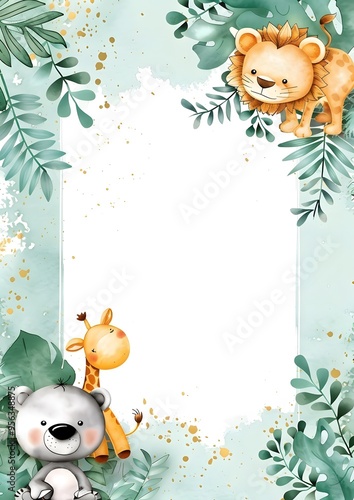 Obraz na płótnie Watercolor illustration of cute animals with green leaves and gold splatter. Template for quotes, and greetings cards w salonie