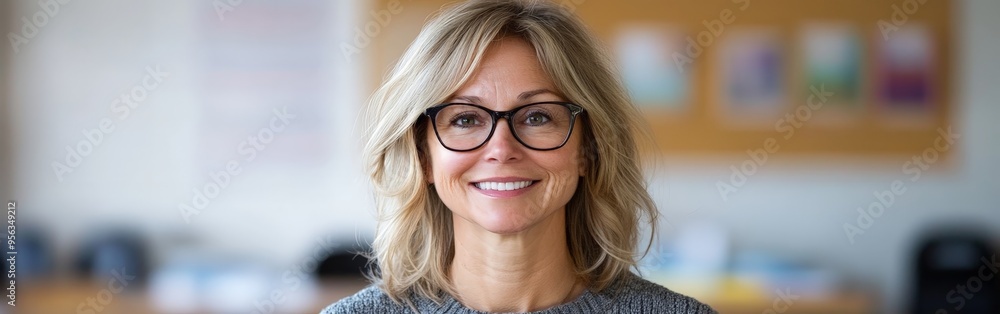 Warm Smile of a Cheerful Teacher in a Lively Classroom