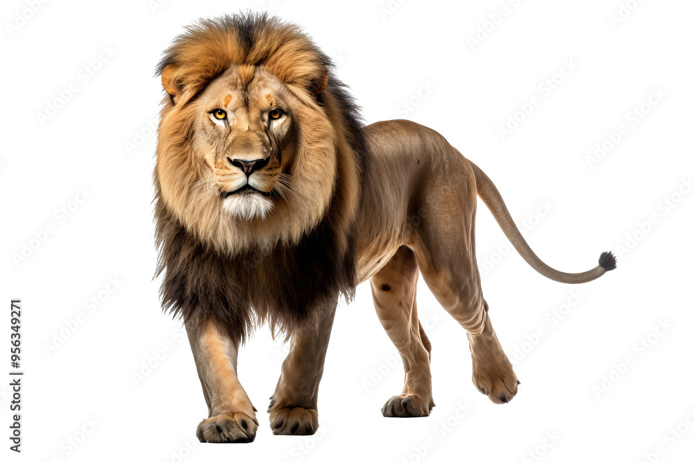 Obraz premium Lion roaring fiercely with majestic mane on isolated transparent background, perfect for wildlife design projects and animal-themed digital artwork.