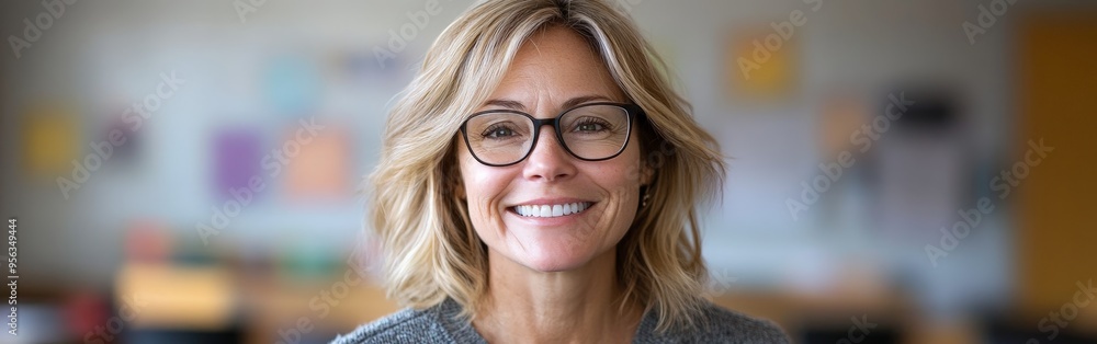 Warm Smile of a Cheerful Teacher in a Lively Classroom Warm Smile of a Cheerful Teacher in a Lively Classroom