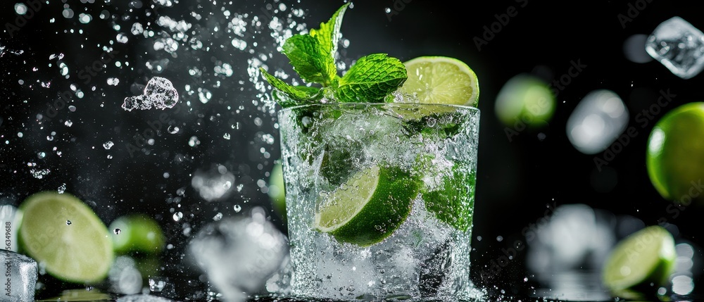Refreshing Mojito Cocktail with Lime, Mint, and Ice Splash on Black Background Refreshing Mojito Cocktail with Lime, Mint, and Ice Splash on Black Background