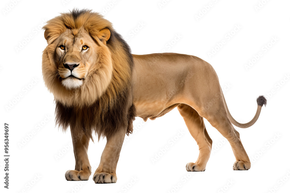 Obraz premium Lion roaring fiercely with majestic mane on isolated transparent background, perfect for wildlife design projects and animal-themed digital artwork.