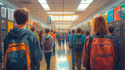 Un bullicioso pasillo de instituto lleno de estudiantes charlando, taquillas abiertas, algunos alumnos apresurándose para ir a clase, otros pasando el rato en grupos, con vibrantes carteles 