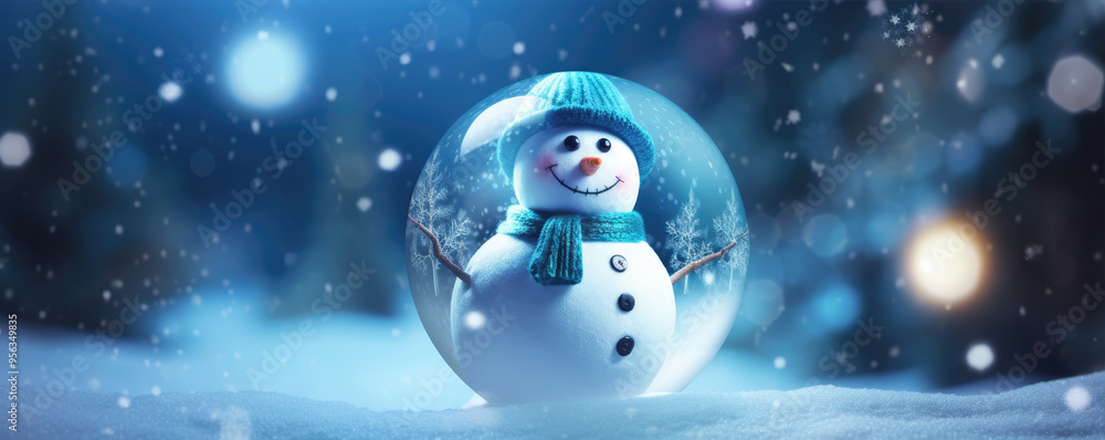 Obraz premium Happy snow man in christ mass ball. Christmass concept wide banner. Snow and flakes against blur forest