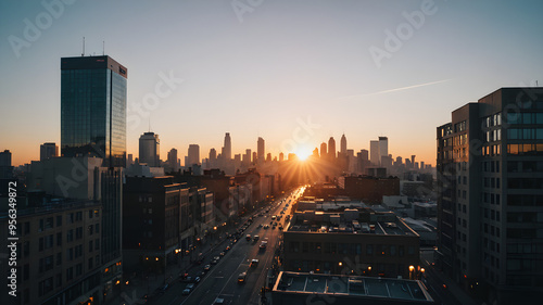 Sunrise over a bustling cityscape, Monday morning, fresh start to the week photo