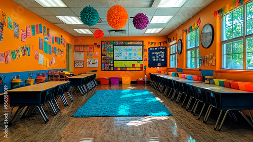 Un profesor dedicado a decorar y organizar el aula antes del primer día de clase, colocando carteles, ordenando los pupitres y colocando el material. photo