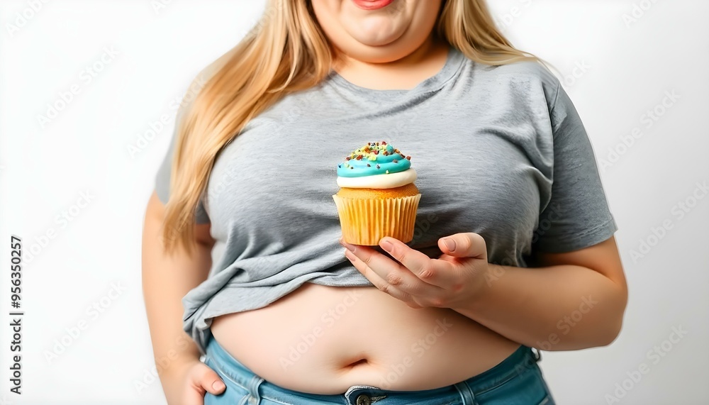 Obraz premium Morbid obesity, weight gain, an obese woman holding a cupcake isolated on a white background