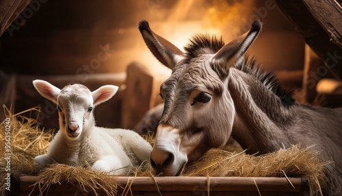 Manger with Animals Nearby
The manger is the focal point, surrounded by the gentle presence of animals such as a donkey and a lamb, who are calmly lying nearby.