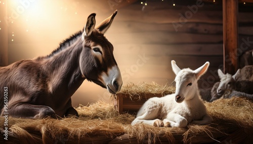 Manger with Animals Nearby
The manger is the focal point, surrounded by the gentle presence of animals such as a donkey and a lamb, who are calmly lying nearby. photo