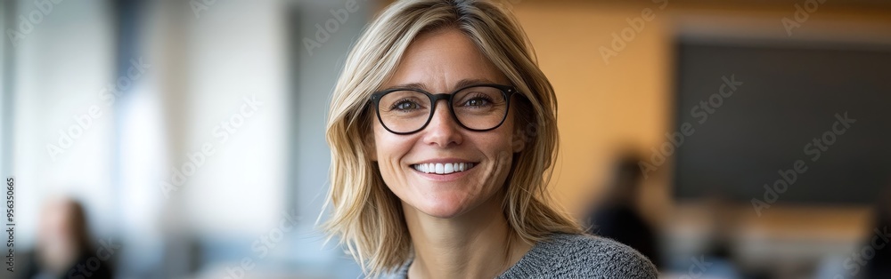 Warm Smile of a Cheerful Teacher in a Lively Classroom Warm Smile of a Cheerful Teacher in a Lively Classroom