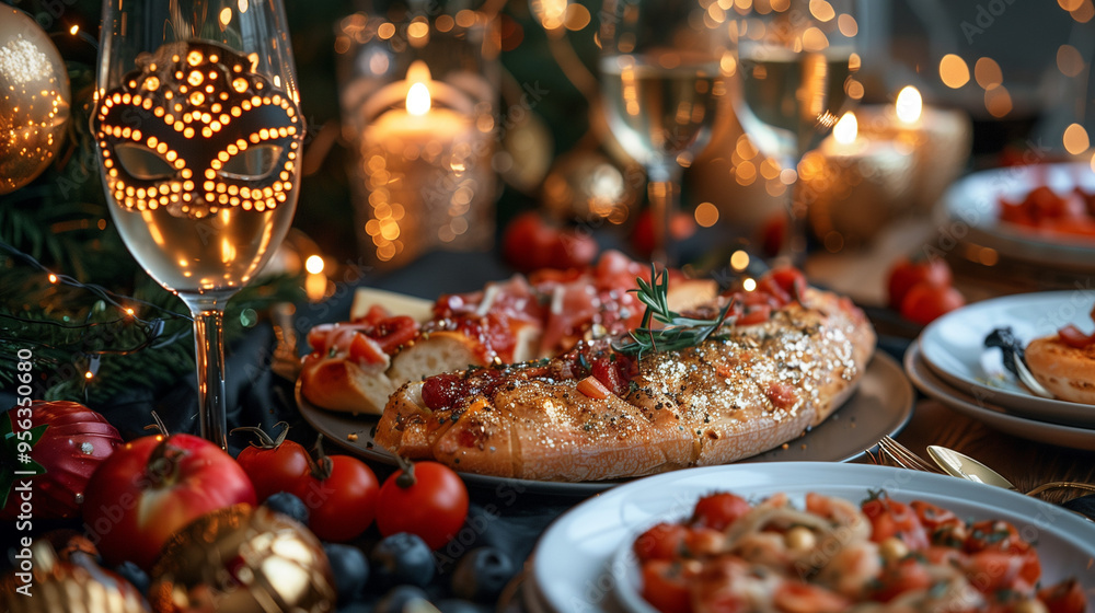 A New Year's party with buffet table with food and drinks A New Year's party with buffet table with food and drinks