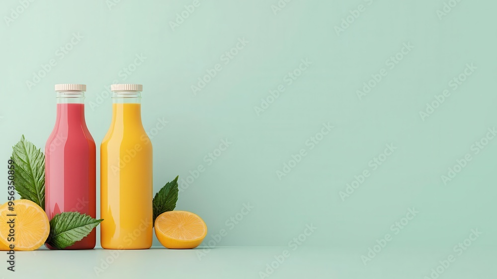 Organic juice bottles, made from fresh fruits, 3D illustration Organic juice bottles, made from fresh fruits, 3D illustration