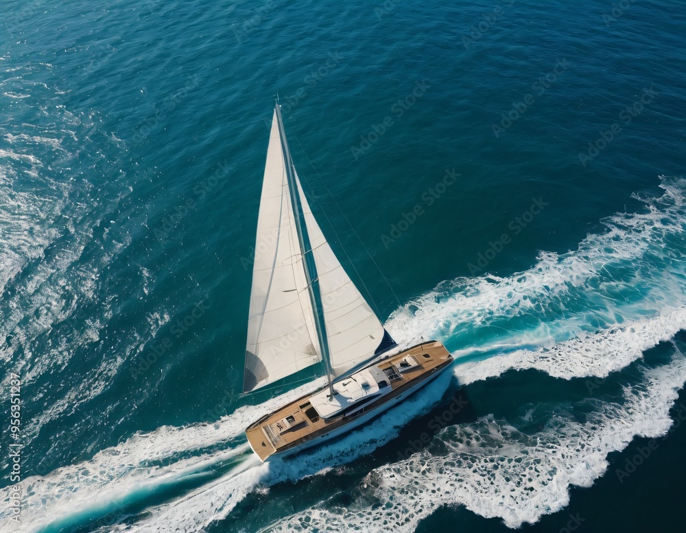 Fototapeta premium Wave and sail yacht on the sea as a background. Sea and waves from top view. Blue water background from top view. Top view from drone. Summertime vacation. Travel image. Ai generated images