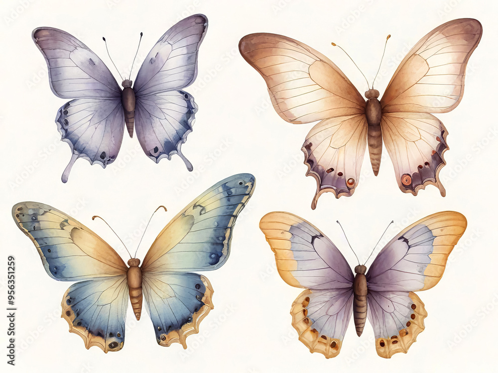Obraz premium Four multicolored watercolor butterflies on a white sheet. Clip art, stickers.