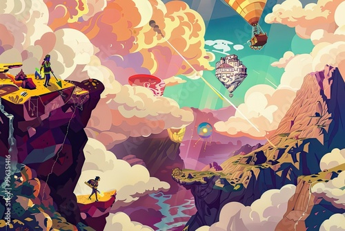 A colorful, fantastical landscape with a man and woman walking on a mountain photo