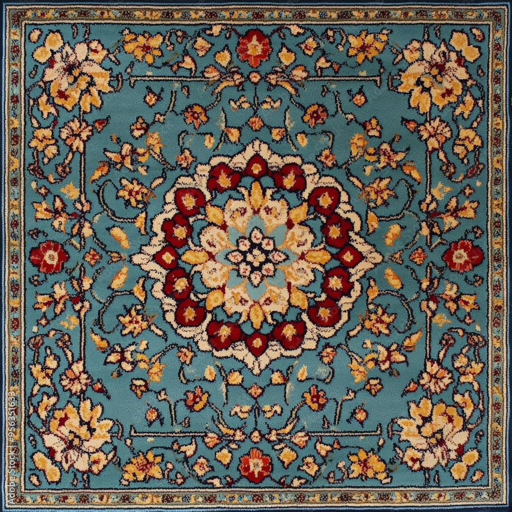 Persian-inspired carpet with intricate floral patterns on turquoise Persian-inspired carpet with intricate floral patterns on turquoise